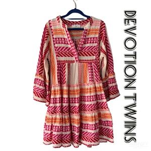 Devotion Twins Pink & Orange Geometric Cotton Mini Dress | 100% Cotton | Size‎ S